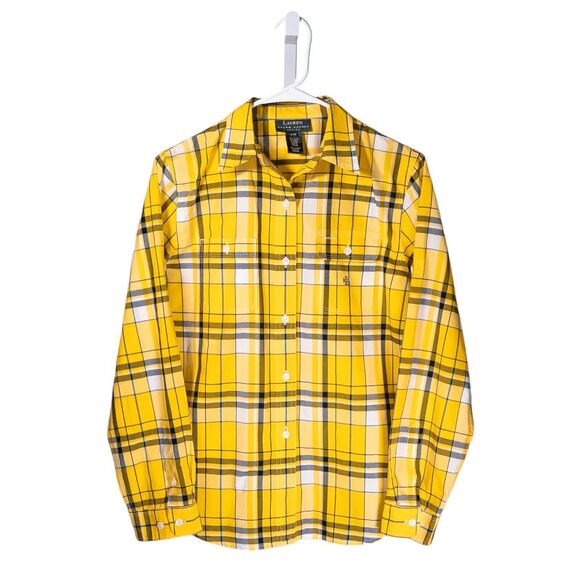 Ralph Lauren Women's Shirt Yellow Blue Plaid Check Logo Preppy Button Up Top PM - Picture 1 of 10